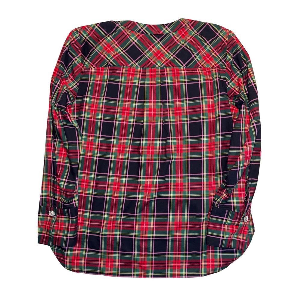 Talbots Dashing Plaid Band Collar Tunic Red Green Jewel Button Popover Large - Picture 5 of 9